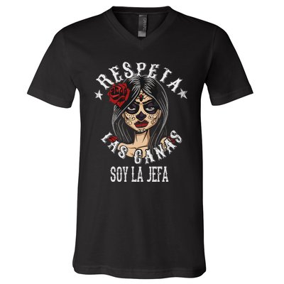 Respeta Las Canas La Jefa Funny Spanish V-Neck T-Shirt