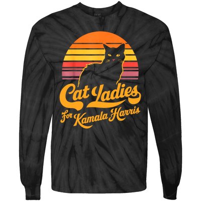 Retro Lady Cat For Kamala Harris Women Gift Tie-Dye Long Sleeve Shirt