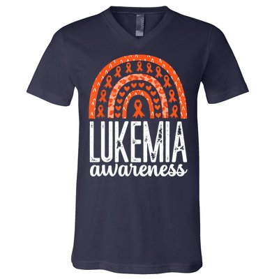 Rainbow Leukemia Cancer Awareness Month Orange Ribbon V-Neck T-Shirt