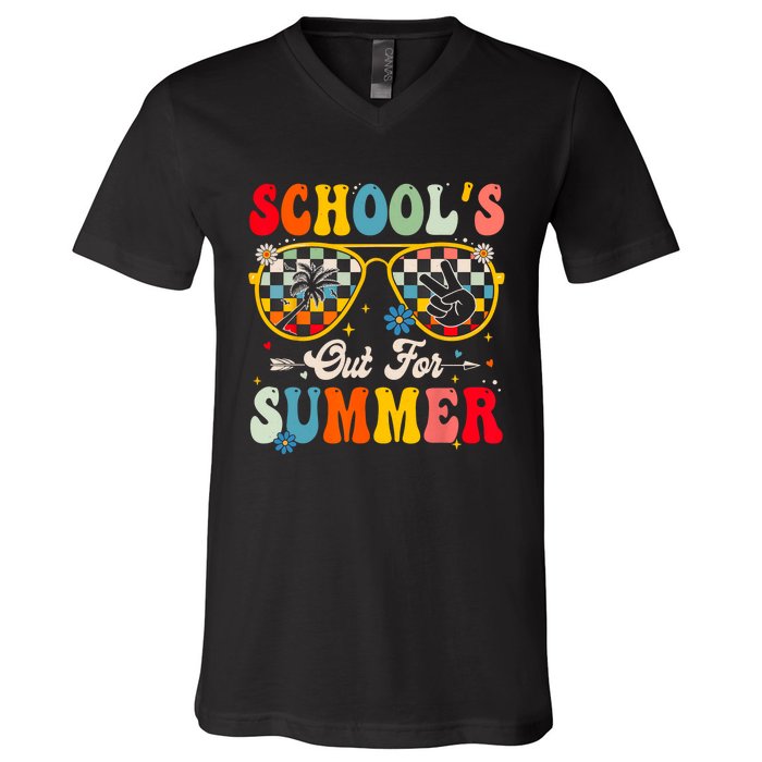 Retro Last Day Of Schools Out For Summer Teacher Boy Girl V-Neck T-Shirt