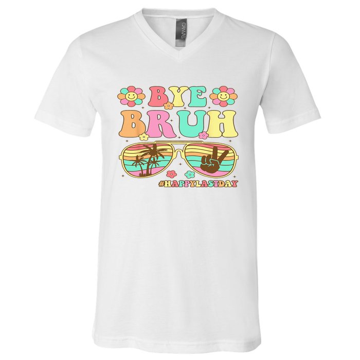 Retro Last Day Of School Hello Summer Bye Bruh Teacher V-Neck T-Shirt