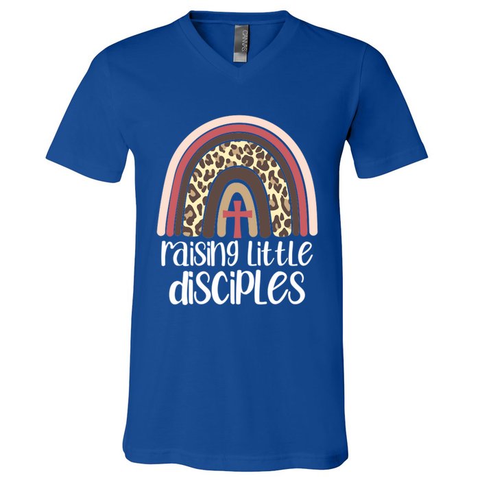 Raising Little Disciples Christian Mom Leopard Print Rainbow Gift V-Neck T-Shirt