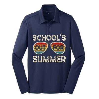 Retro Last Day Of School Schools Out For Summer Teacher Silk Touch Performance Long Sleeve Polo