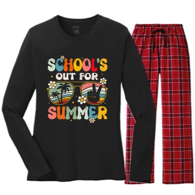 Retro Last Day Of Schools Out For Summer Teacher Girls Women's Long Sleeve Flannel Pajama Set 