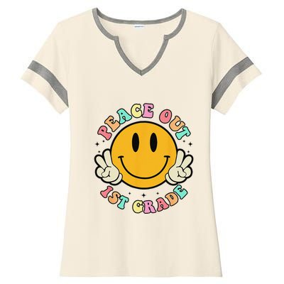 Retro Last Day Of School Peace Out 1st Grade Teacher Ladies Halftime Notch Neck Tee