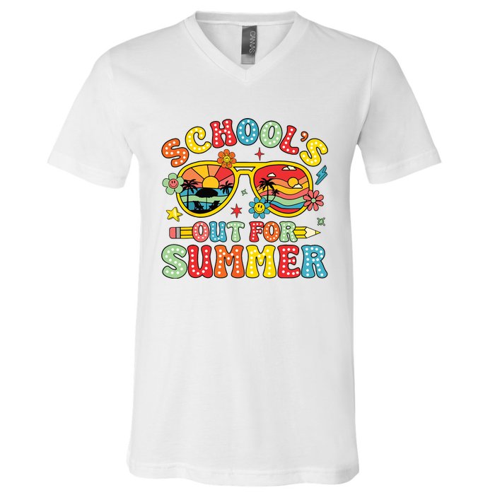 Retro Last Day Of Schools Out For Summer Teacher Boy Girl V-Neck T-Shirt