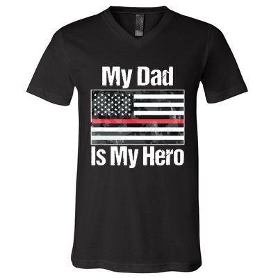 Red Line Flag Shirts My Dad Is My Hero Firefighter V-Neck T-Shirt