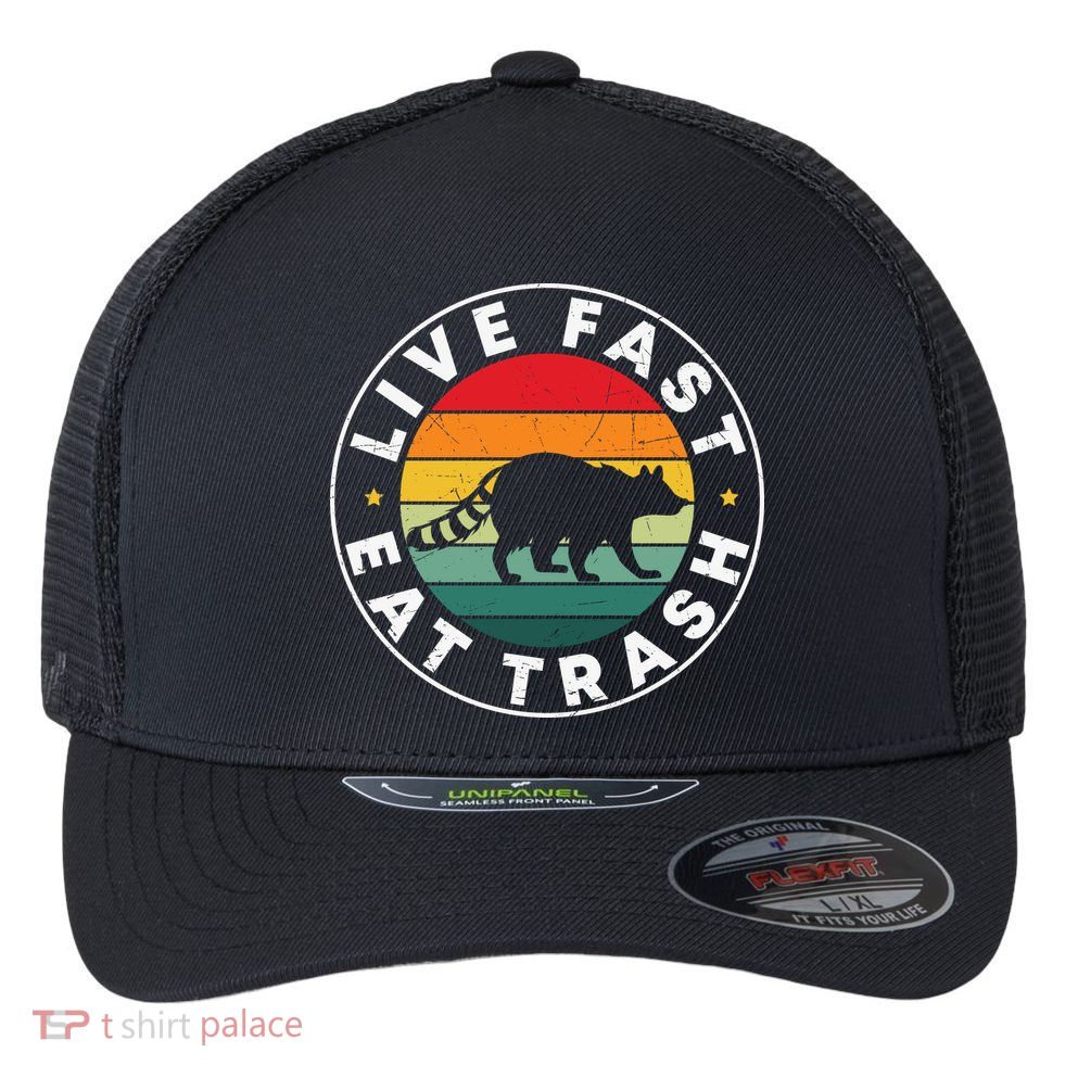 Retro Live Fast Eat Trash Flexfit Unipanel Trucker Cap