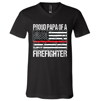 Red Line Flag Proud Papa of a Firefighter Fireman V-Neck T-Shirt