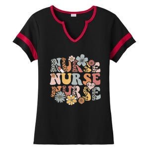 Retro Leopard Groovy Funny Nurse Gift Ladies Halftime Notch Neck Tee