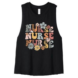 Retro Leopard Groovy Funny Nurse Gift Women's Racerback Cropped Tank