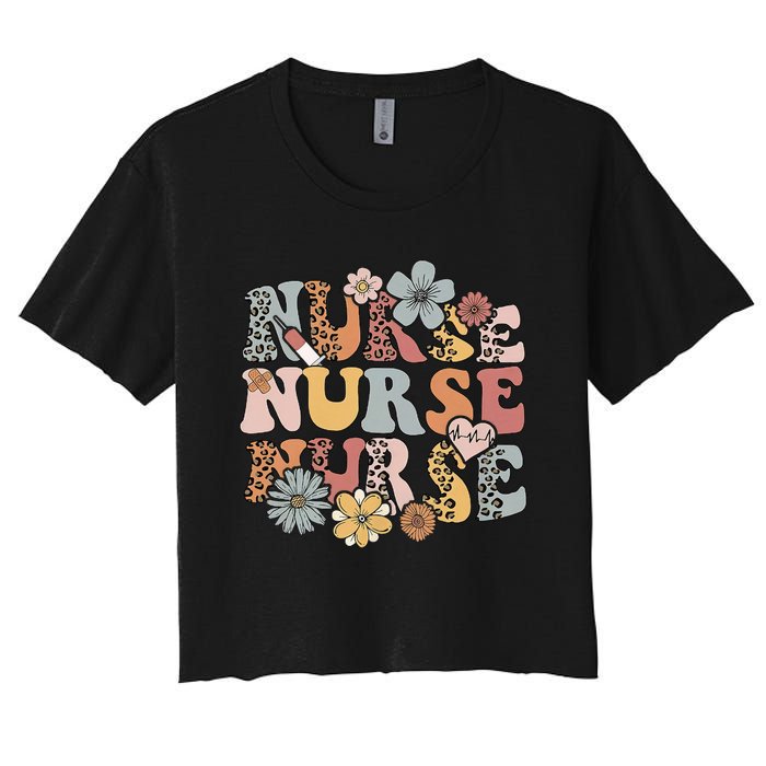 Retro Leopard Groovy Funny Nurse Gift Women's Crop Top Tee