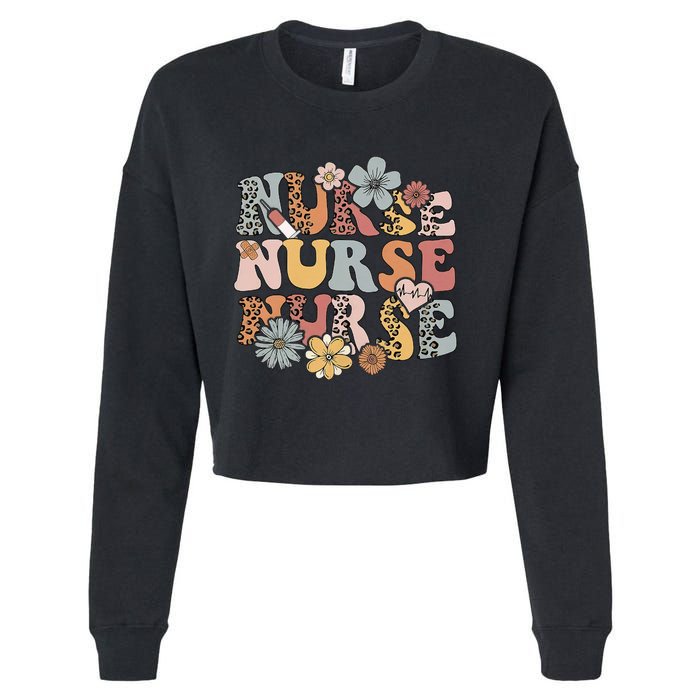 Retro Leopard Groovy Funny Nurse Gift Cropped Pullover Crew