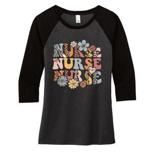 Retro Leopard Groovy Funny Nurse Gift Women's Tri-Blend 3/4-Sleeve Raglan Shirt