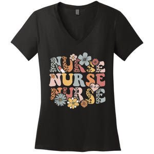 Retro Leopard Groovy Funny Nurse Gift Women's V-Neck T-Shirt