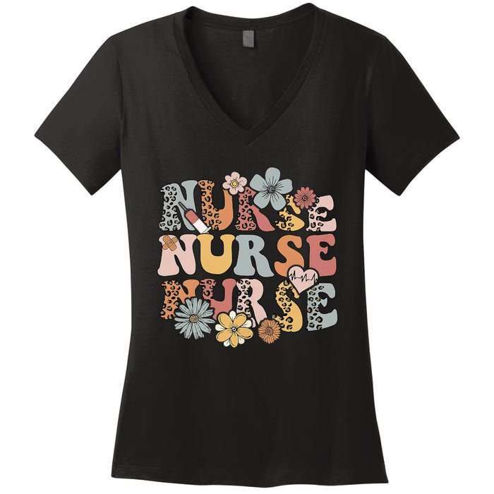 Retro Leopard Groovy Funny Nurse Gift Women's V-Neck T-Shirt