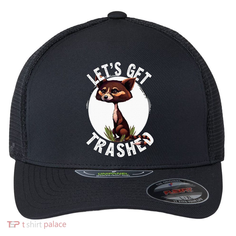Raccoon Let's Get Trashed Vintage Retro Racoon Funny Flexfit Unipanel Trucker Cap