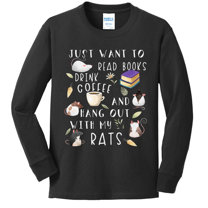 Rat Lover Gift Cute Rat Graphic Book Bookish Coffee Rat Kids Long Sleeve Shirt