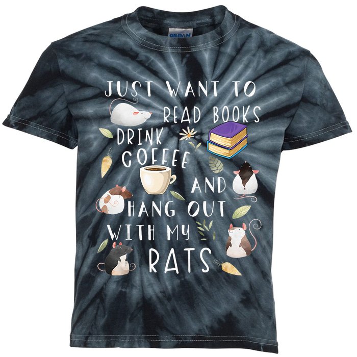 Rat Lover Gift Cute Rat Graphic Book Bookish Coffee Rat Kids Tie-Dye T-Shirt