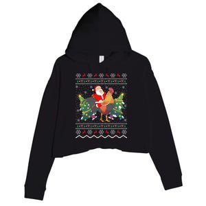 Rooster Lover Gift Ugly Santa Riding Rooster Christmas Gift Crop Fleece Hoodie