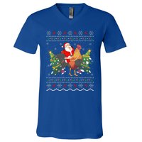 Rooster Lover Gift Ugly Santa Riding Rooster Christmas Gift V-Neck T-Shirt