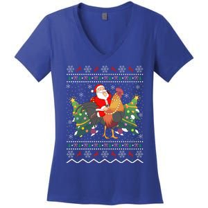 Rooster Lover Gift Ugly Santa Riding Rooster Christmas Gift Women's V-Neck T-Shirt