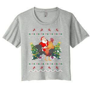 Rooster Lover Gift Ugly Santa Riding Rooster Christmas Gift Women's Crop Top Tee