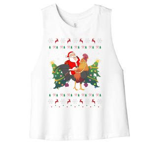 Rooster Lover Gift Ugly Santa Riding Rooster Christmas Gift Women's Racerback Cropped Tank