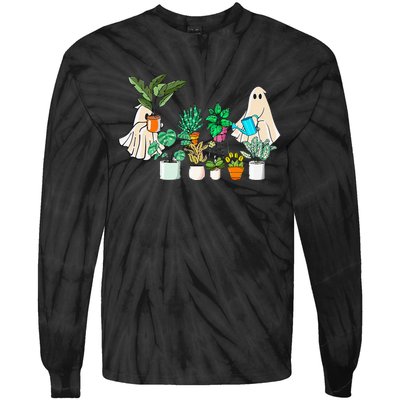 Retro Lady Gardener Ghost Gardening Plants Lover Halloween Tie-Dye Long Sleeve Shirt