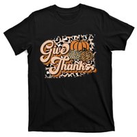 Retro Leopard Give Thanks Pumpkin Season Happy Thanksgiving T-Shirt