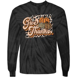 Retro Leopard Give Thanks Pumpkin Season Happy Thanksgiving Tie-Dye Long Sleeve Shirt