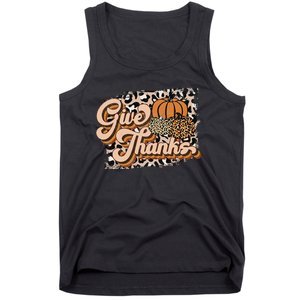 Retro Leopard Give Thanks Pumpkin Season Happy Thanksgiving Tank Top