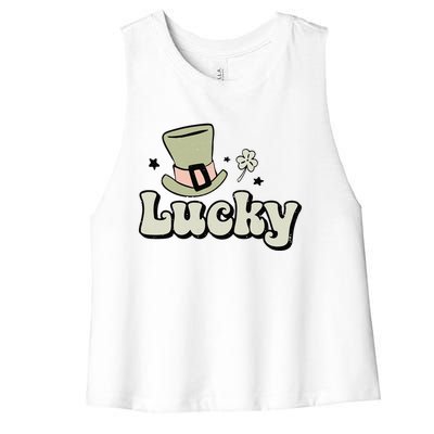 Retro Lucky Happy St Patricks Day Irish Shamrock Women's Racerback Cropped Tank