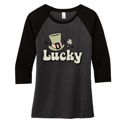 Retro Lucky Happy St Patricks Day Irish Shamrock Women's Tri-Blend 3/4-Sleeve Raglan Shirt