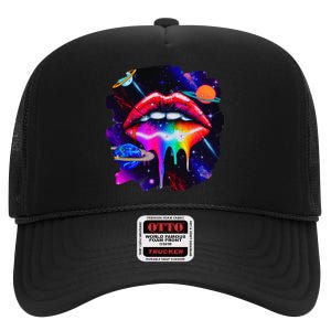 Rainbow Lips in Space Fashion Lip Art Design Print Colorful High Crown Mesh Back Trucker Hat