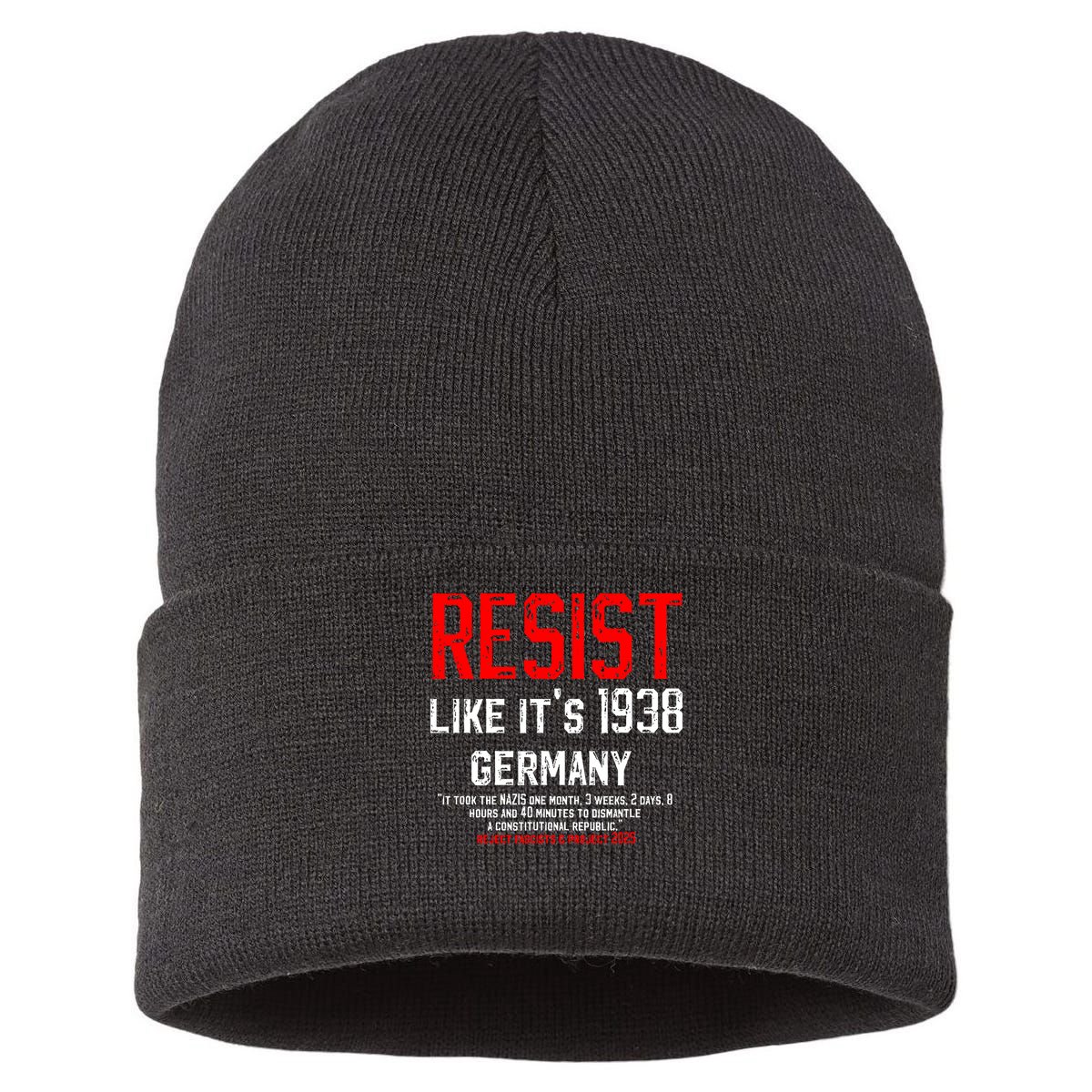 Resist like it's 1938 Germany Reject Fascism Project 2025 Sustainable Knit Beanie