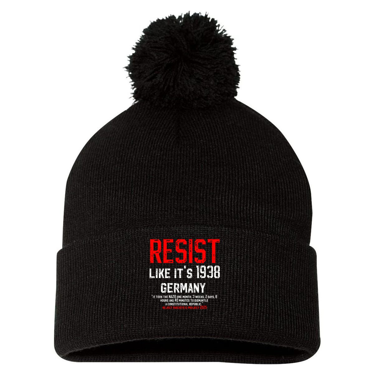 Resist like it's 1938 Germany Reject Fascism Project 2025 Pom Pom 12in Knit Beanie