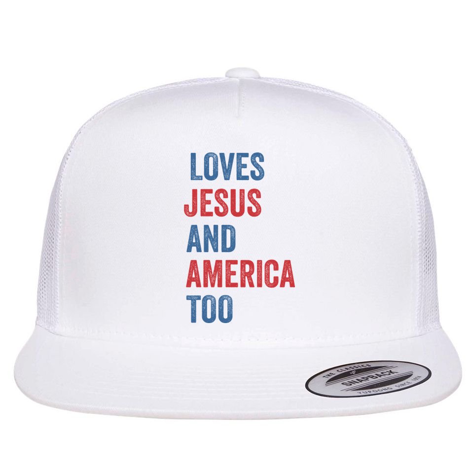 Retro Loves Jesus And America Too God Christian 4th Of July Flat Bill Trucker Hat