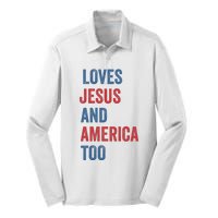 Retro Loves Jesus And America Too God Christian 4th Of July Silk Touch Performance Long Sleeve Polo