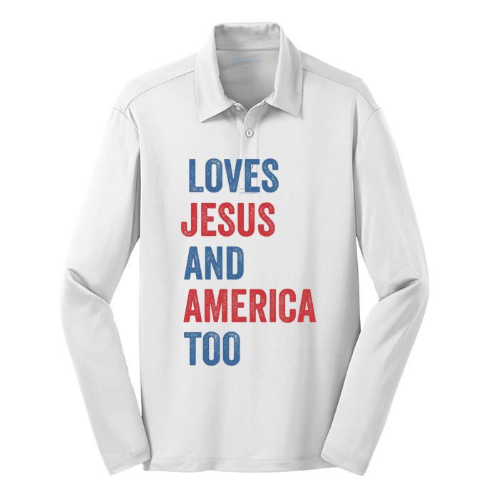 Retro Loves Jesus And America Too God Christian 4th Of July Silk Touch Performance Long Sleeve Polo