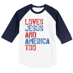 Retro Loves Jesus and America Too God Christian 4th of July Baseball Sleeve Shirt