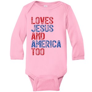 Retro Loves Jesus and America Too God Christian 4th of July Baby Long Sleeve Bodysuit