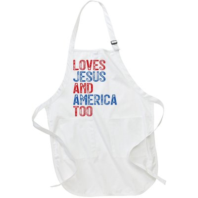 Retro Loves Jesus and America Too God Christian 4th of July Full-Length Apron With Pockets