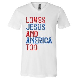 Retro Loves Jesus and America Too God Christian 4th of July V-Neck T-Shirt