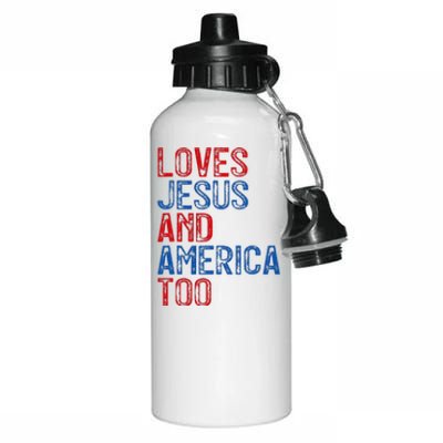 Retro Loves Jesus and America Too God Christian 4th of July Aluminum Water Bottle