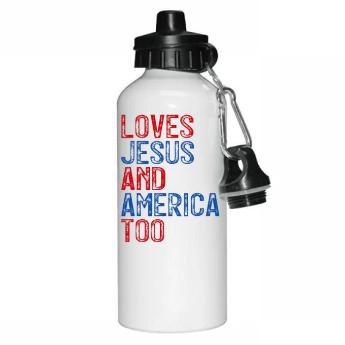 Retro Loves Jesus and America Too God Christian 4th of July Aluminum Water Bottle