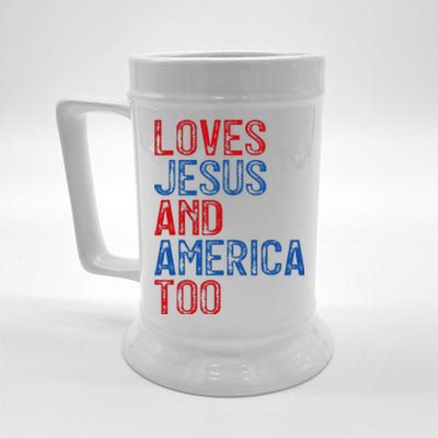 Retro Loves Jesus and America Too God Christian 4th of July Beer Stein