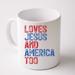 Retro Loves Jesus and America Too God Christian 4th of July Coffee Mug