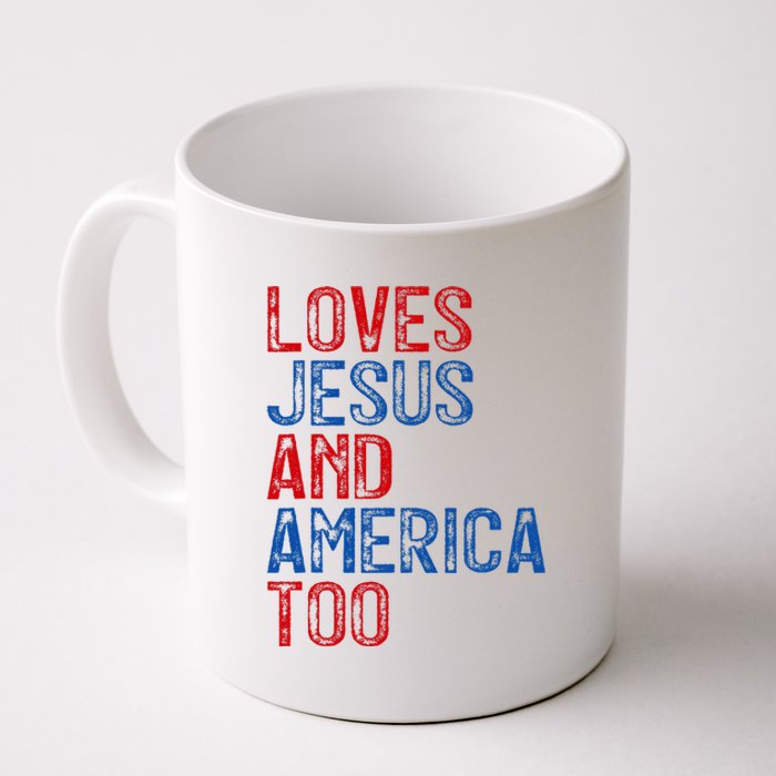 Retro Loves Jesus and America Too God Christian 4th of July Coffee Mug