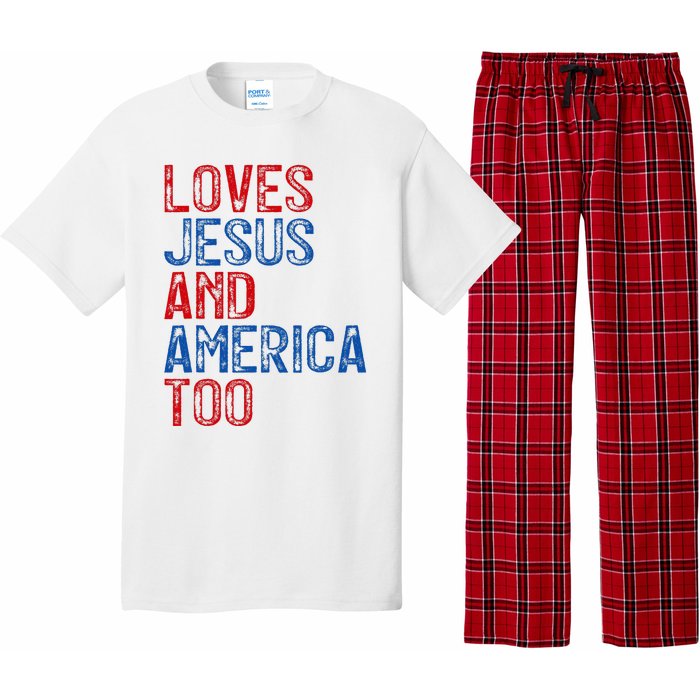 Retro Loves Jesus and America Too God Christian 4th of July Pajama Set